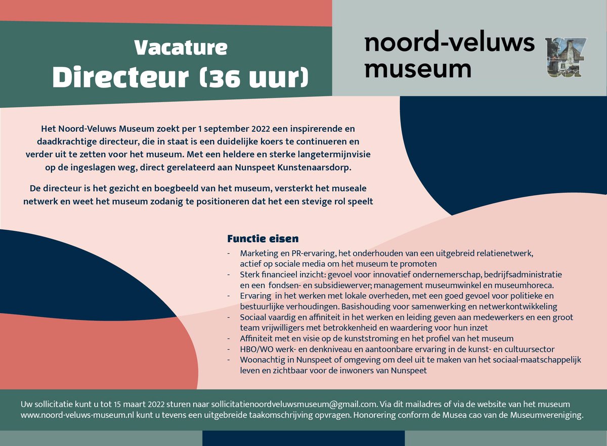 Het <a href="/NVeluwsMuseum/">Noord-Veluws Museum</a> zoekt een directeur. Uw sollicitatie kunt u tot 15 april 2022 sturen naar sollicitatienoordveluwsmuseum@gmail.com. Via dit mailadres kunt u tevens een uitgebreide taakomschrijving opvragen.