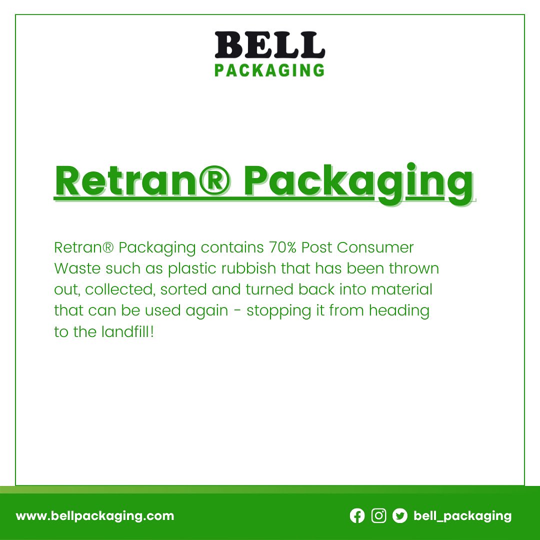Bell_Packaging's tweet photo. Retran® Packaging contains 70% Post-Consumer Waste such as plastic rubbish that has been thrown out, collected, sorted and turned back into material that can be used again - stopping it from heading to the landfill! 

https://t.co/JUIm6kVY3M https://t.co/r245Tjk6si