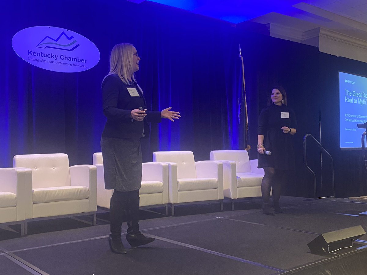 KyChamberFdn's tweet photo. We are hearing from Kelly Bright and LaCinda Glover from @mercer on the future of work. “We currently have a record breaking quit rate above 3% with the highest quit rate among hourly workers and mid-career professionals” #Kyworkforcesummit https://t.co/4731w3sTAt