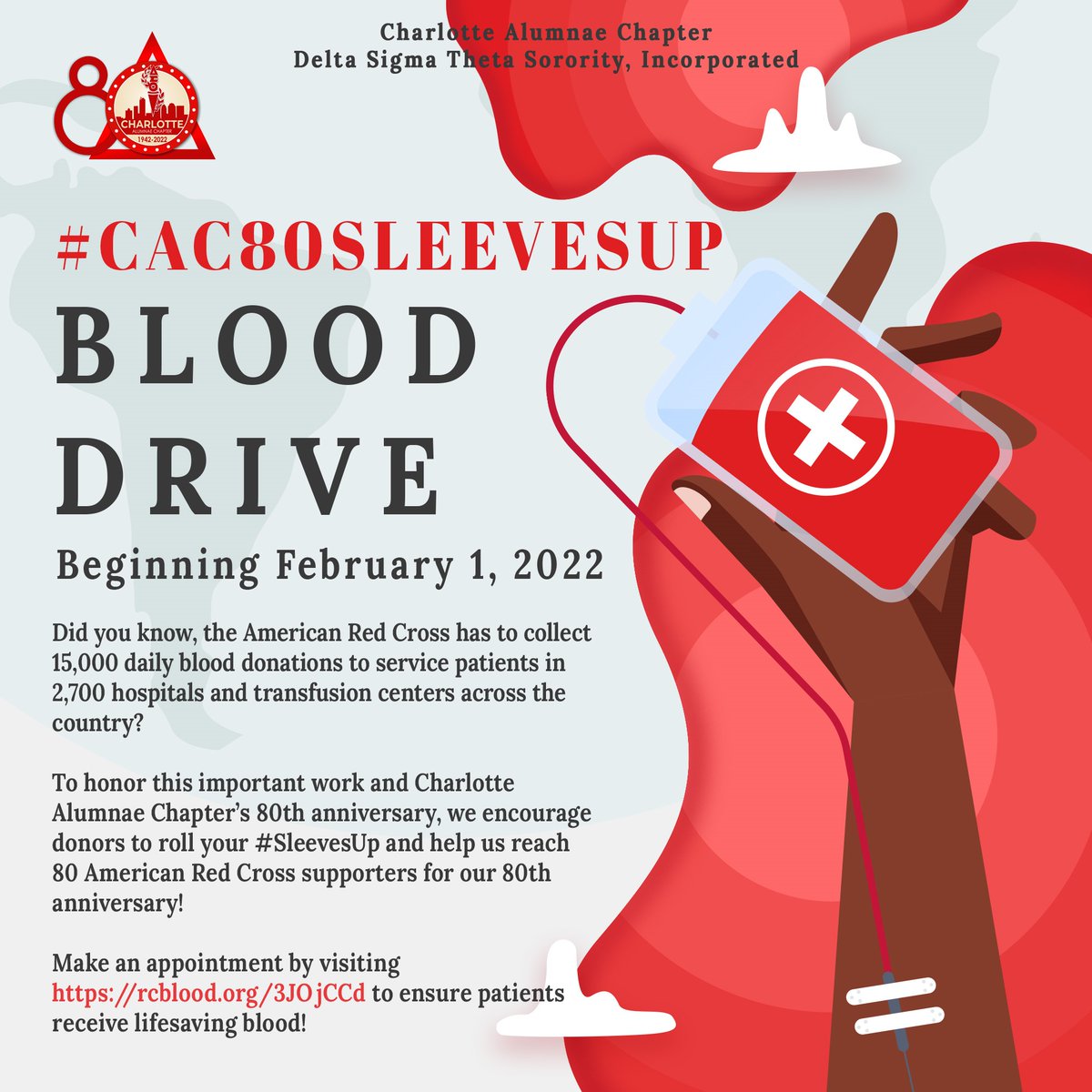 dstcltalumnae's tweet photo. Valentines's Day may be over, but there is still an opportunity to show love to others - #CAC80SleevesUp
a celebration of 80 years of CAC giving back to the Charlotte community- https://t.co/YgVl5j5Euk
#CACCares #PowerInOurWork #CAC80SleevesUp #DST1913 #SensationalSAR #redcross https://t.co/oPUPPNsP75