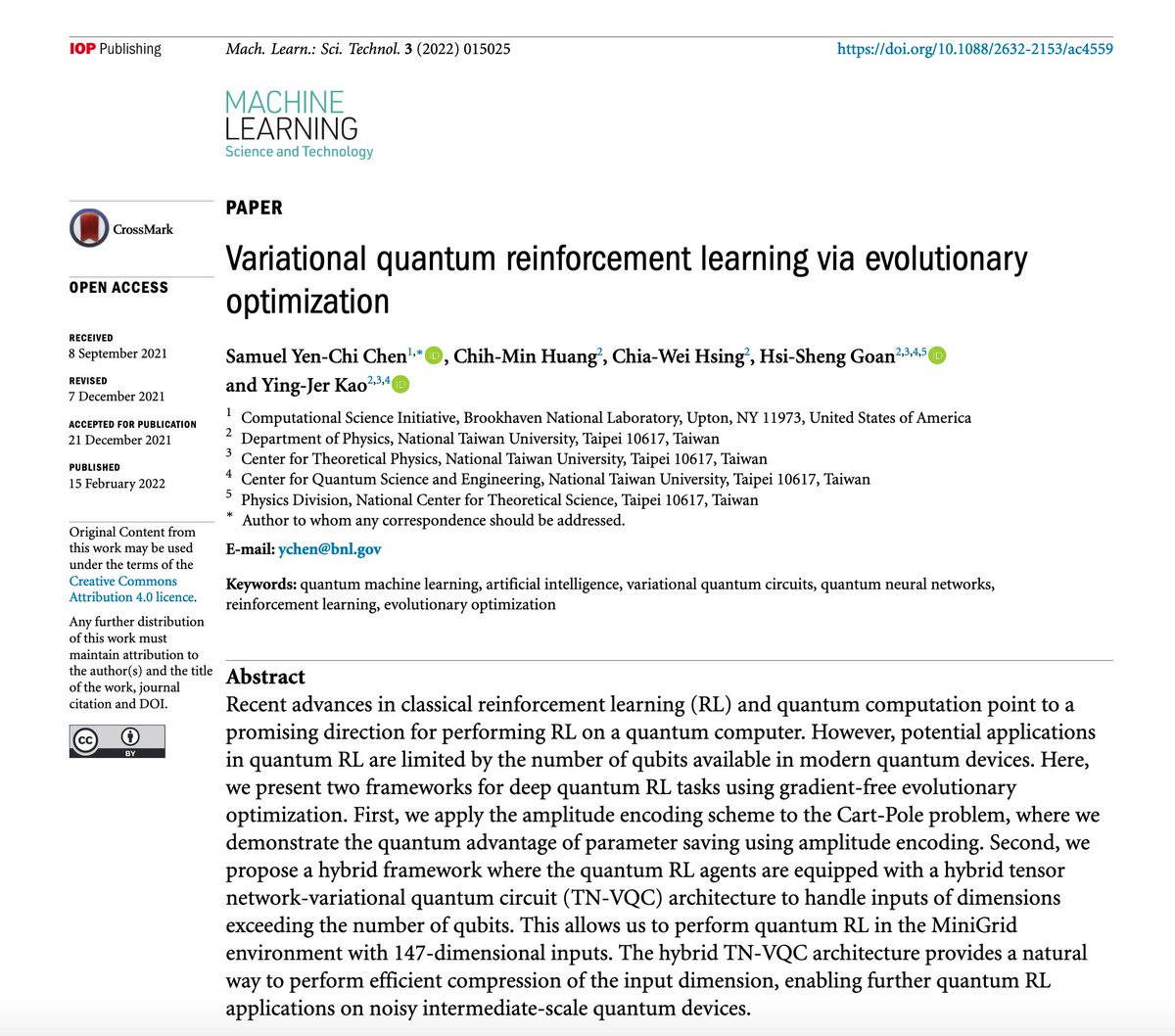 Our paper "Variational quantum reinforcement learning via evolutionary optimization" has been published on "Machine Learning: Science and Technology"

iopscience.iop.org/article/10.108…