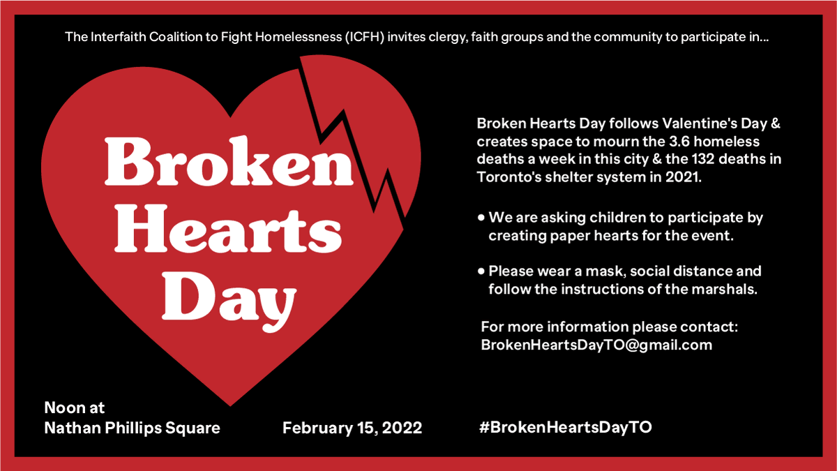 AlexaNGilmour's tweet photo. Broken Hearts Day, in person, noon today #NathanPhilipsSquare or follow live event online at link below. 3.6 homeless deaths per week in Toronto's shelter system is a failure to love one another. We can do better. https://t.co/pgiv95r8ZK
@RafiInterfaith @cathyacrowe @SHJNetwork https://t.co/JUWV4pJpy2