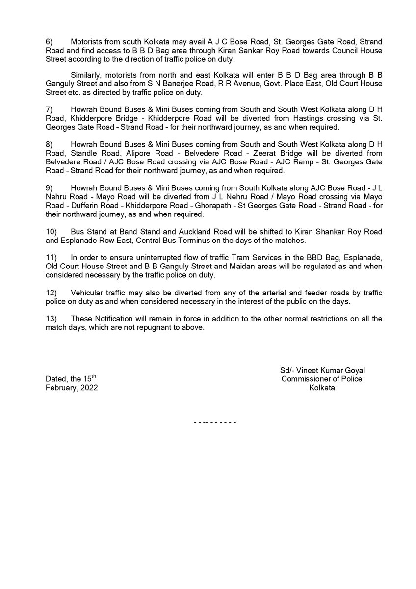 KPTrafficDept's tweet photo. Movement of vehicle shall be restricted at and around Eden Gardens and Maidan area from 16.00 hrs. daily on 16.02.2022, 18.02.2022 and 20.02.2022  icw Twenty-20 cricket matches between India &amp; West Indies. For details check below 👇 
#Kolkatatrafficupdate 
@CPKolkata https://t.co/0UfvByJJzT