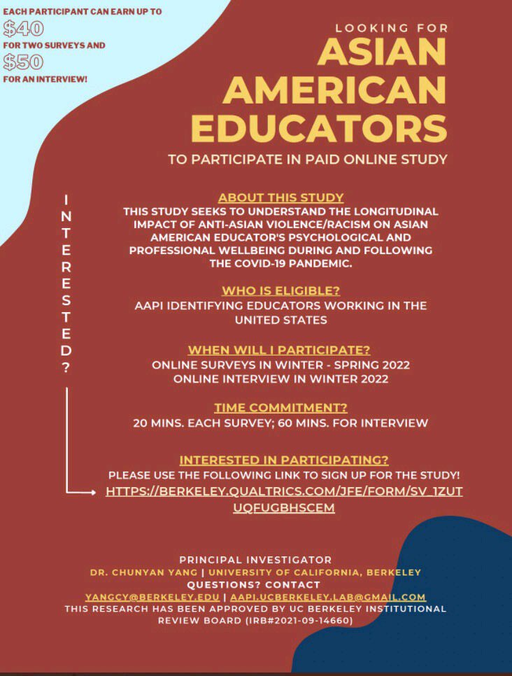 hongwon___'s tweet photo. Hi, everyone! New PAID study of AAPI educators’ experiences with racism and well-being. SO important and rare! https://t.co/nESy680YD9 to sign up. PI @chunyan_y cc @miseducAsian 

ID 1: Flyer for research study with mostly sienna background and abstract blobs of blue in two https://t.co/EFwZW8dfjB