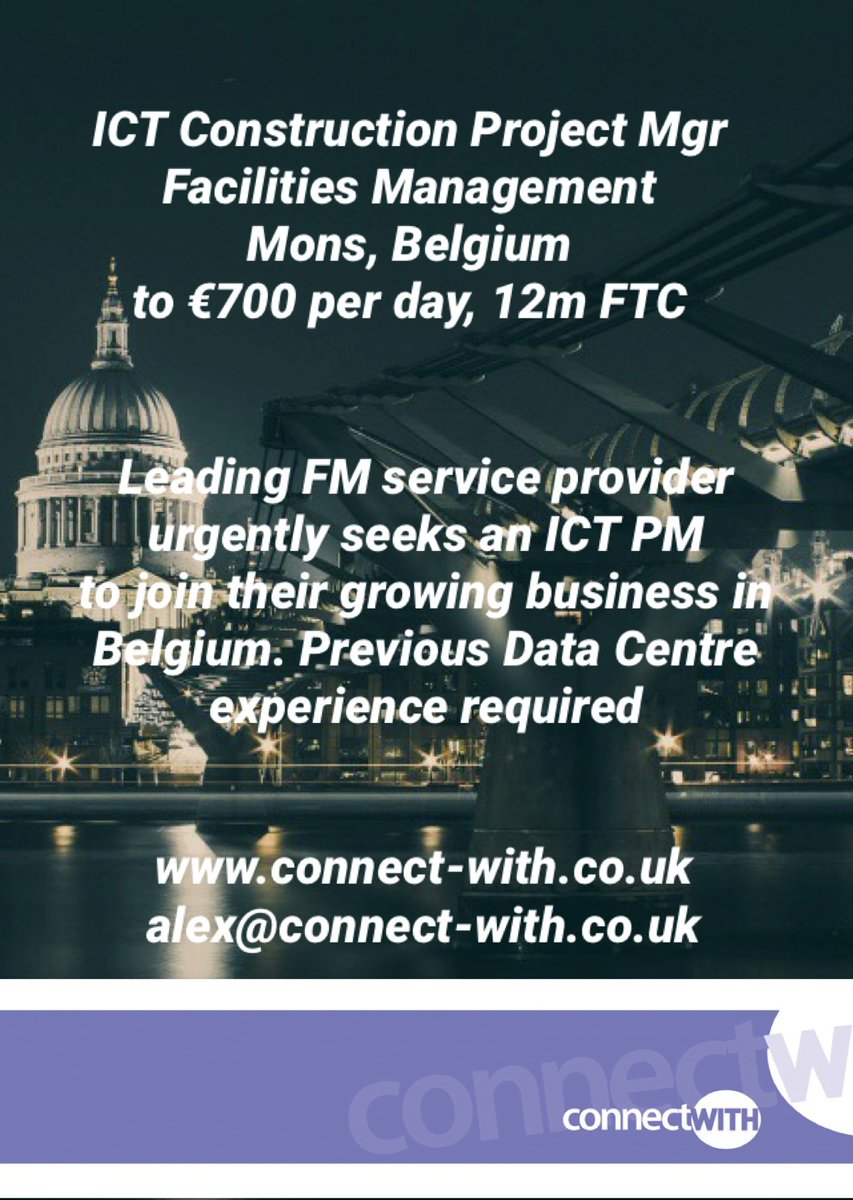 The second of our opportunities in Mons #belgium for a #projectmanager.  Contact Alex Morris for info: alex@connect-with.co.uk

#hiringnow #ictjobs #belgiumjobs #projectmanagement #projectmanagementjobs #projectmanager #facilitiesmanagement  #construction