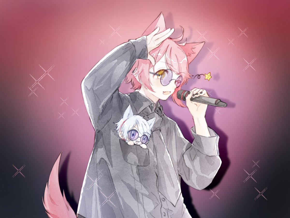 animal ears male focus microphone yellow eyes pink hair multiple boys tail  illustration images
