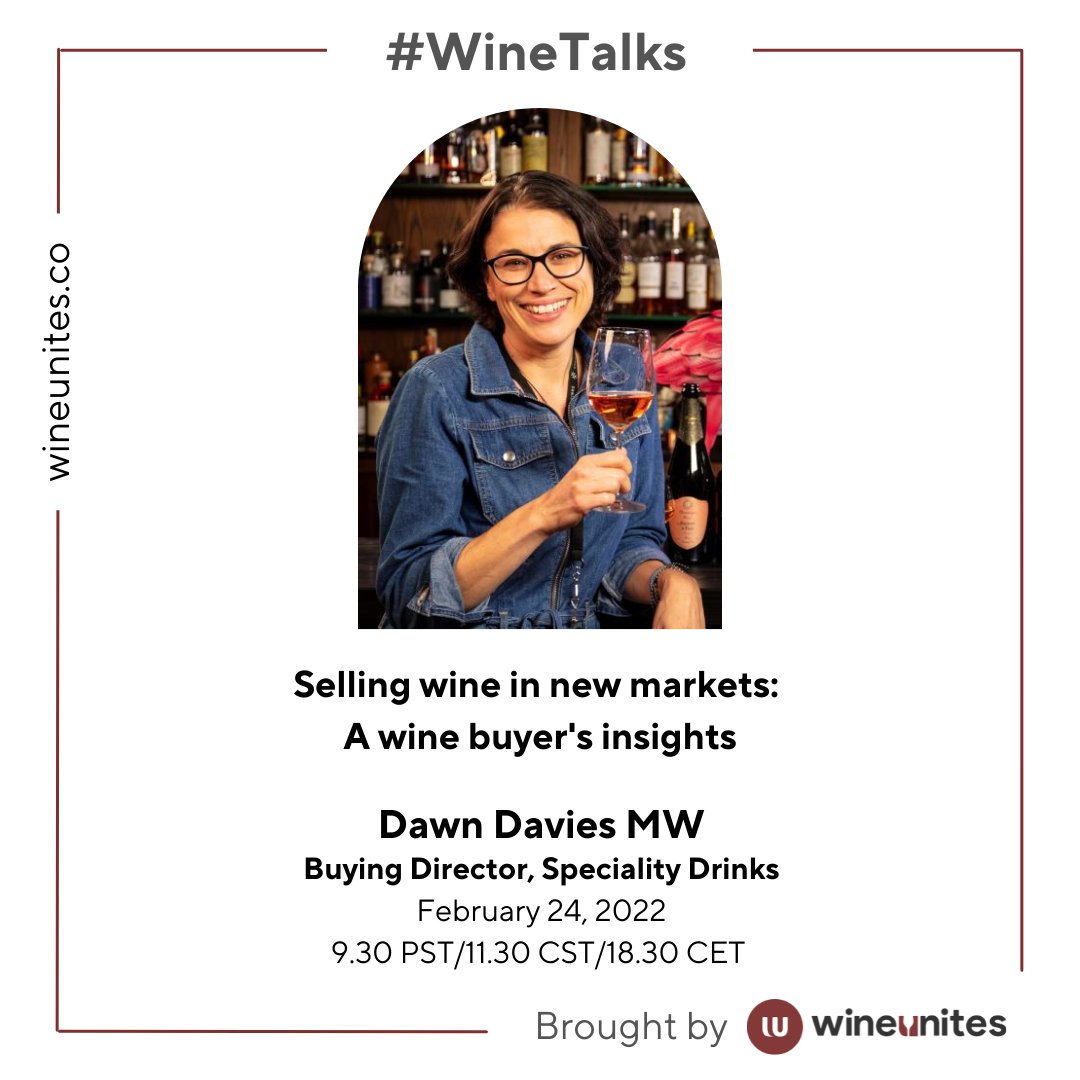 What must one keep in mind when bringing wine to market? 

Find out at #WineTalks with Dawn Davies, MW on Selling wine in new markets: A wine buyer's insights.

Registration: bit.ly/3Lzgviw

#wineunites #winetalks #masterofwine #newmarkets #sales #winesales #winebuyer
