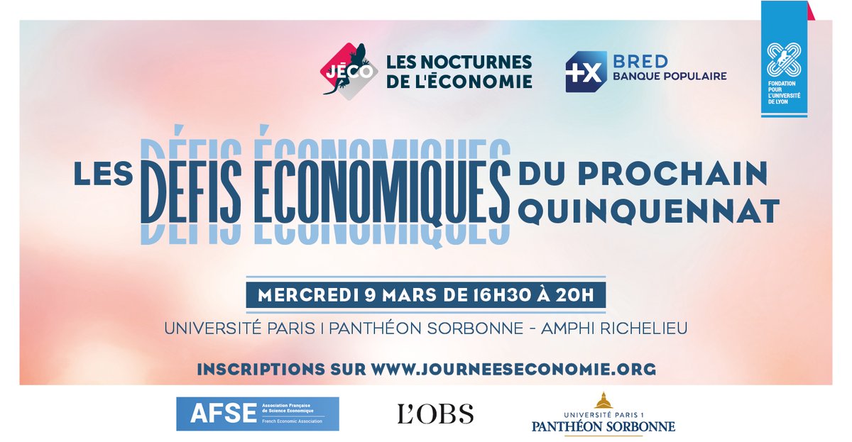 🗓️ On se retrouve le 9 mars prochain à l'Université <a href="/SorbonneParis1/">Université Paris 1 Panthéon-Sorbonne</a> pour la Nocturne de l'Économie 2022 sur le thème : "Les défis économiques du prochain quinquennat".

Infos et inscriptions 👉journeeseconomie.org/index.php?arc=…