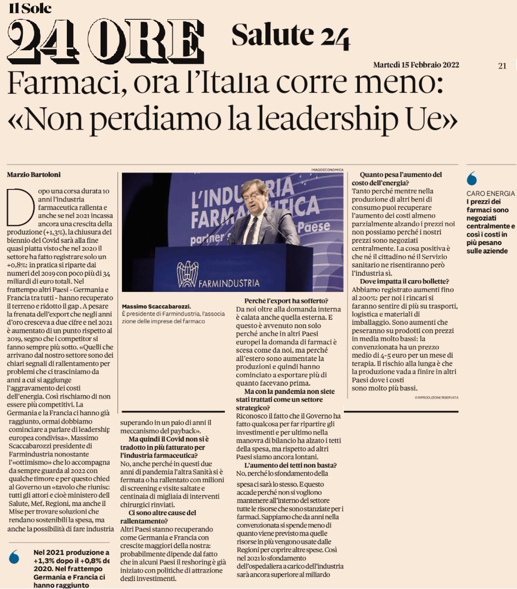 FarmindustriaTW's tweet photo. L'intervista di oggi al @sole24ore di @massimoscaccab1, Presidente di #Farmindustria, sulla situazione dell'industria farmaceutica in Italia https://t.co/BB1VyNreSK