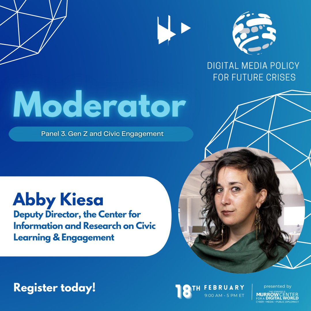 Murrowcenter's tweet photo. [Join #MurrowCon2022 to hear from Abby Kiesa (@abbyik!}

We are absolutely delighted to announce that Abby Kiesa, Deputy Director of @CivicYouth will be joining us for Panel 3: Gen Z and Civic Engagement. 👧🏻🏛️🏬

Register: https://t.co/jxRSTZYe5b https://t.co/ZeQMXmWX2W