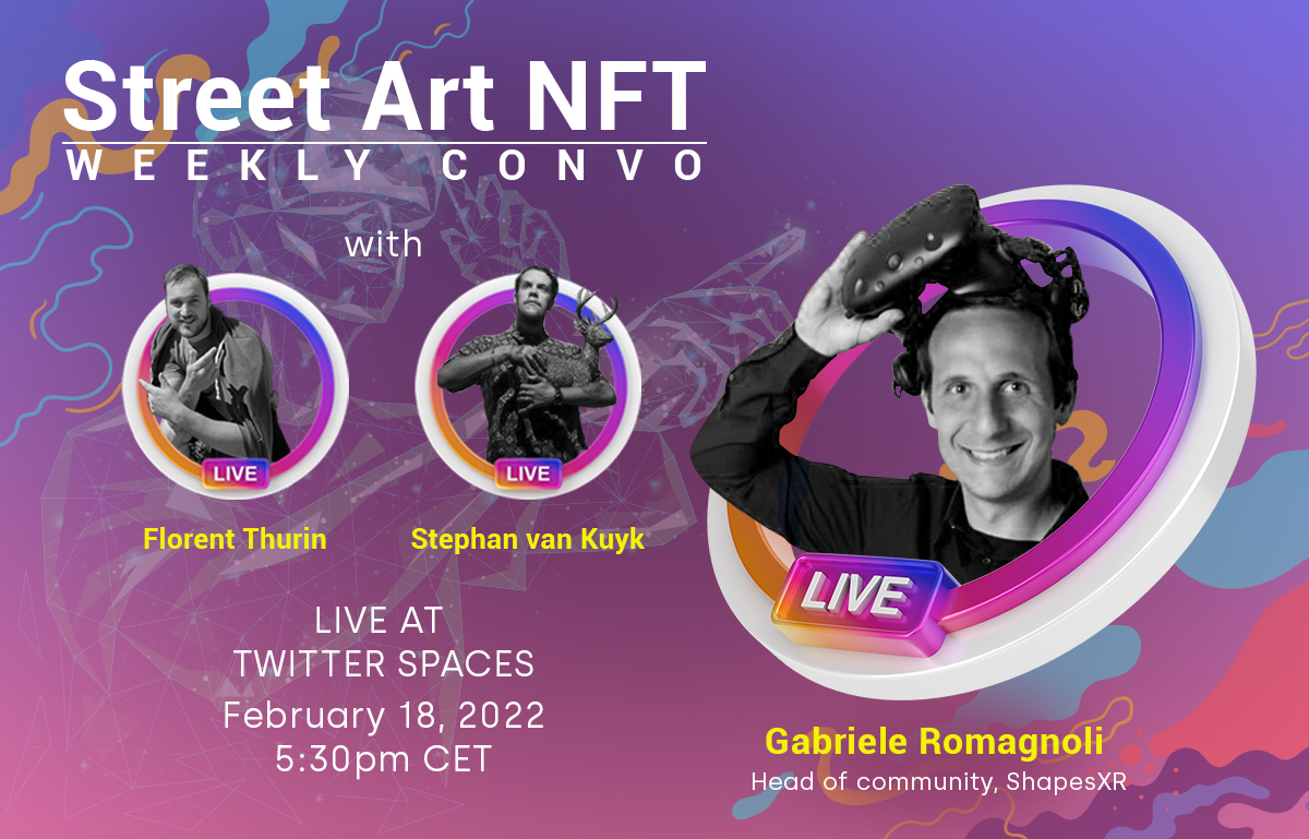 wallkanda's tweet photo. 📢 This week's topic: Street art NFT + AR &amp; VR 😎

🎙️ With our hosts @florentthurin and @stephan_vk and a special guest, @gabroxr! 👏

Ready to level up your NFT and streetart? 

⏰ Set reminder below ⬇️

#NFTCommunity #streetart #graffiti #nftart #NFTartist https://t.co/ljjEWvCQcL