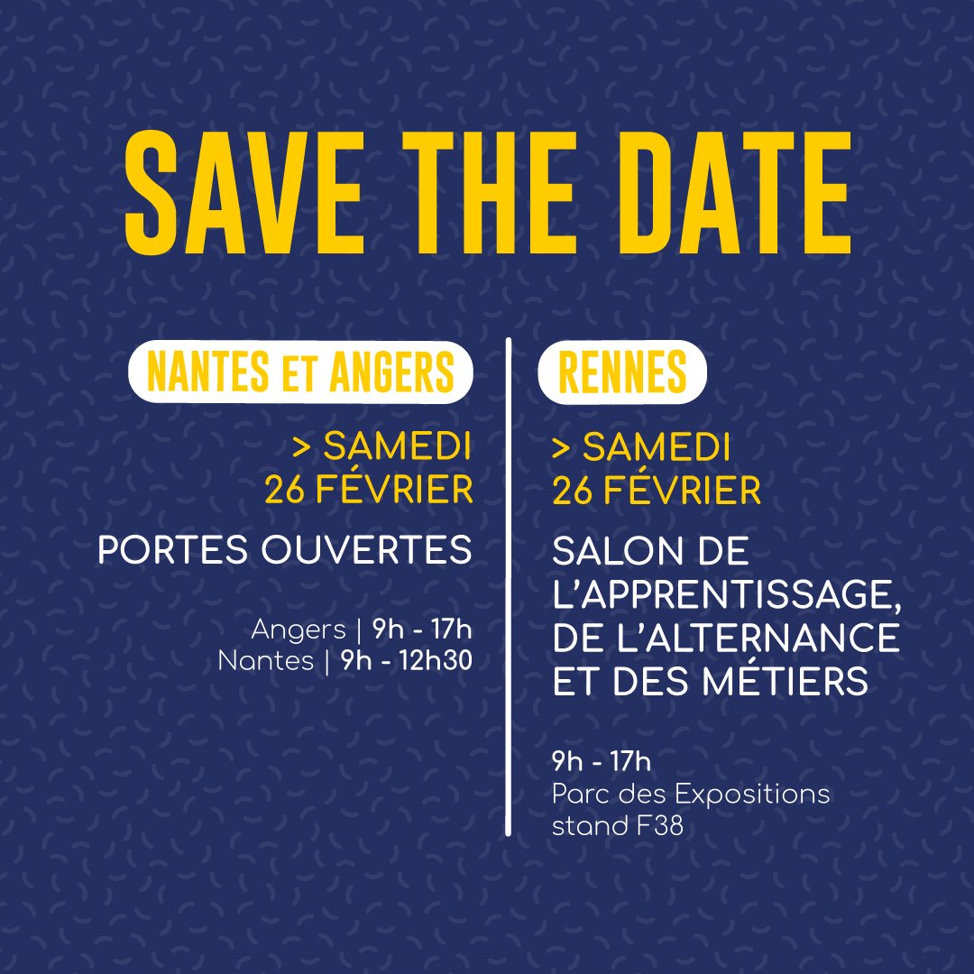 📅 À vos agendas ! RDV samedi 26 février avec la team Ecofac en portes ouvertes et salon. 🚀 Les équipes de Nantes, Rennes et Angers se feront un plaisir de répondre à toutes vos questions ! #WeAreEcofac #Formation #Alternance #BTS #Bachelor #Mastere