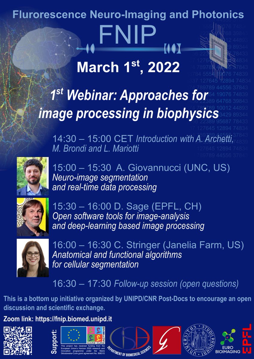 Image processing in #neuroscience, #biophysics, #computerscience, #science 
1st FNIP Webinar with 
A. Giovannucci (@UNCNCSUBME, UNC US), 
D. Sage (<a href="/EPFLEngineering/">EPFL School of Engineering</a>, #EPFL, CH) and 
C. Stringer (<a href="/HHMIJanelia/">HHMI | Janelia</a>, US)  

Join on-line (with <a href="/UniPadova/">Università di Padova</a>) --&gt; fnip.biomed.unipd.it/event/fnip-sem…