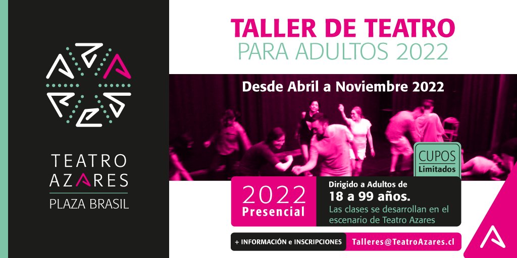 teatroazares's tweet photo. Si tienes de 18 a 99 años ¡Súmate al #TallerDeTeatro para Adultos! Información e inscripciones en Talleres@teatroazares.cl 
#CampañaColaborativaAzares #Talleres #TeatroChileno #AzaresOnLine #Titeres #ApoyoTeatroAzares #BarrioBrasil #Redsalasdeteatro #SomosRed https://t.co/ZKrXHvfkpQ