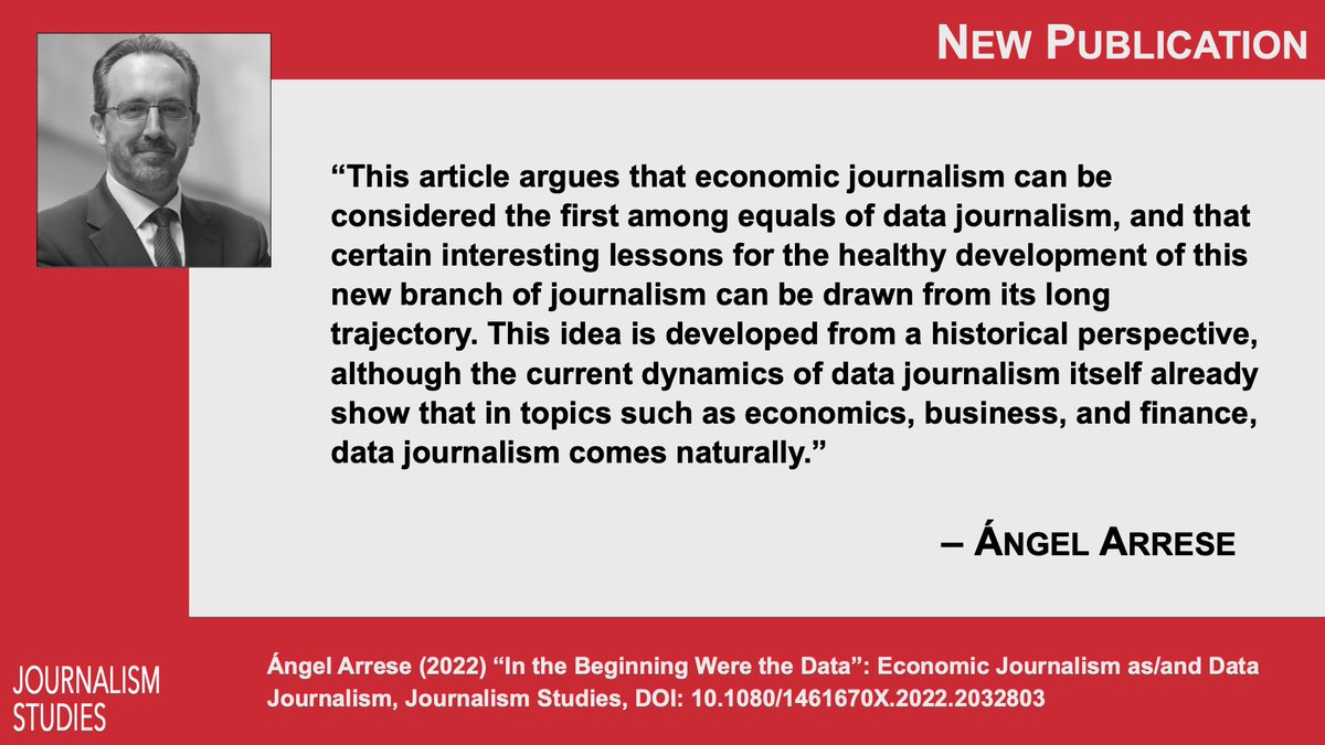 The logic of data journalism, <a href="/angel_arrese/">Angel Arrese</a> argues, has long been a driving force in journalism, especially economic journalism, and based on this suggests four lessons and recommendations that can improve the extension of data stories to other news beats.
tandfonline.com/doi/full/10.10…