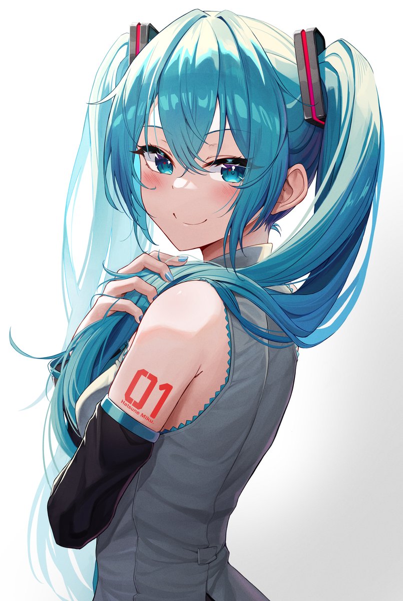 hatsune miku 1girl solo long hair twintails smile looking at viewer detached sleeves  illustration images