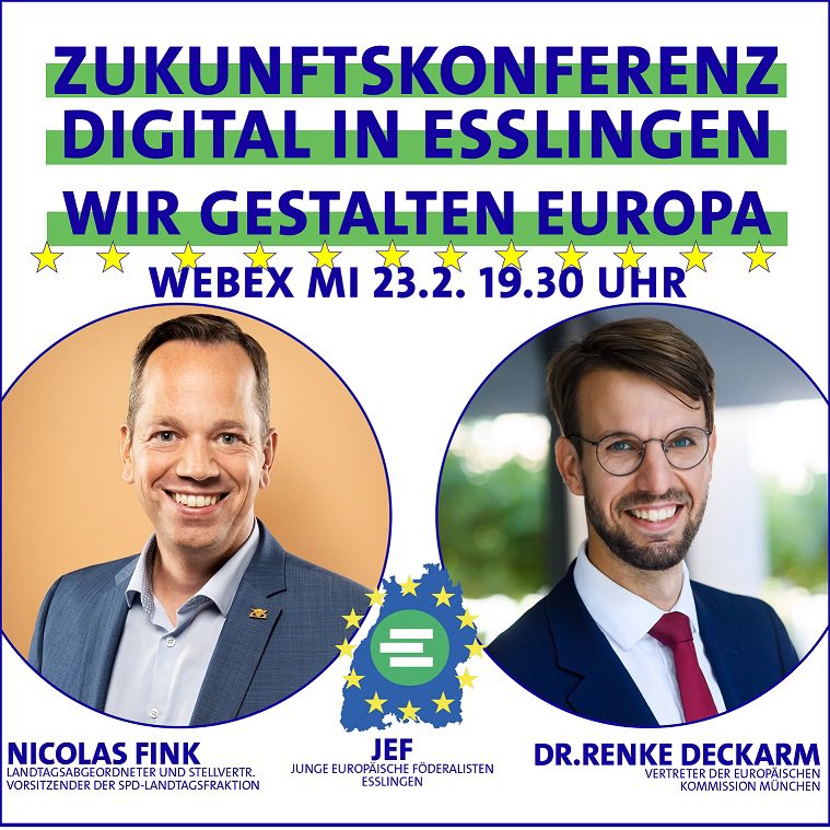 Nächste Woche moderiere ich eine Online-Veranstaltung über die europäische Zukunftskonferenz: Esslingen und Europa - wie passt das zusammen? 🇪🇺💙 mit <a href="/nicolasfink_mdl/">Nicolas Fink</a> und <a href="/RDeckarm/">Renke Deckarm 🇪🇺</a> 
⏰ Mi, 23.02. 19.30 Uhr WEBEX
👉 Einwahl-Link nicolas-fink.de (oder direkt bei mir)