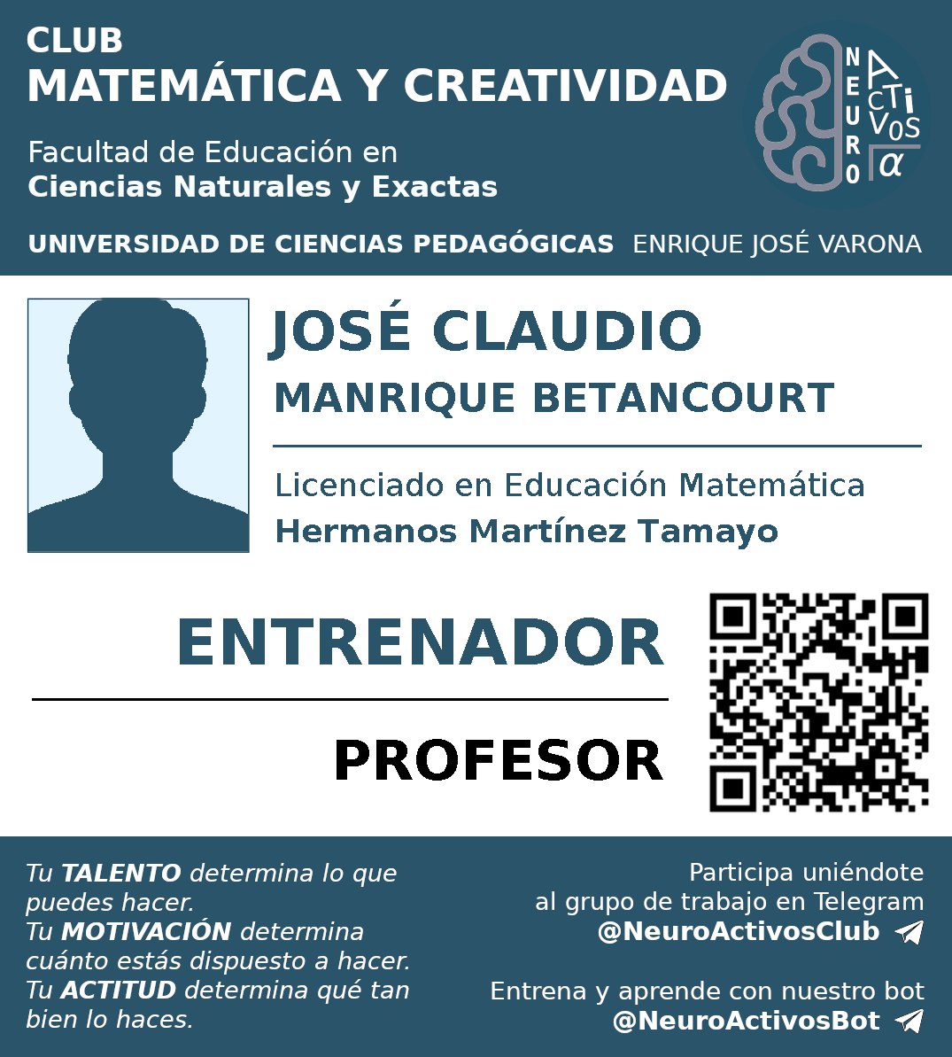 jclaudio97's tweet photo. Club de Matemática y Creatividad de la Universidad de Ciencias Pedagógicas Enrique José Varona.
El talento es el preludio de toda ganancia. Ayuda a crecerlo para que seas parte de esta gran familia matemática.
#UCPVarona
#amamoslamatemática
#talentocreativo https://t.co/04jSTkkFQJ