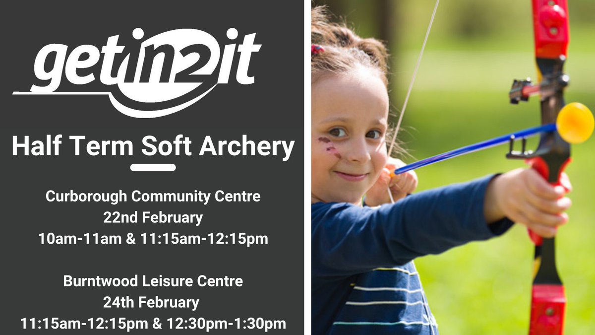 Getin2itLDC's tweet photo. Try out soft archery this February half term with #Getin2it
Step into archery with this beginner level activity using suction cup arrows.
Sessions are delivered by a fully qualified coach.
Book now๐https://t.co/cnM2feNmXy https://t.co/WvLNY2zDUL
