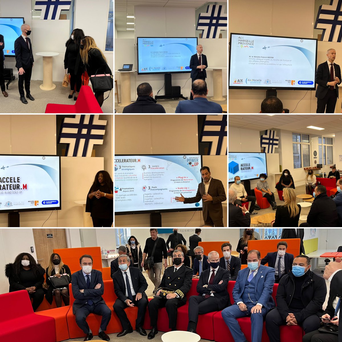 denisberge's tweet photo. Ce matin à @AccelerateurM , @franckriester à la rencontre de StartUp du territoire dont #Messibat membre d’@Africalink3. Avec la @AMPMetropole, @CCI_AMP, la @marseille et la @MaRegionSud. #AMP hub de l’axe #AfriqueEurope https://t.co/gR3H16qGvu
