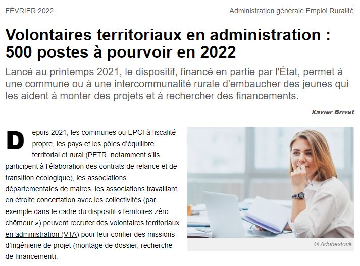 l_amf's tweet photo. "Volontaires territoriaux en administration : 500 postes à pourvoir en 2022" dans @Maires_deFrance de février #collterr▶️https://t.co/0KDrweDGRJ https://t.co/FqrK9gQK15
