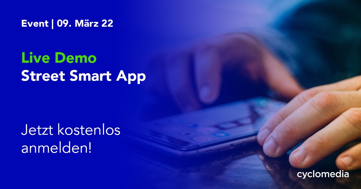 CycloMediaDe's tweet photo. Jetzt kostenlos anmelden zu Live Demo: Street Smart App: https://t.co/G1gaIZ7Ar3 - wir zeigen Ihnen wie Sie Veränderungen im öffentlichen Raum ohne Medienbrüche festhalten und dokumentieren können! #DigitalTwin #MobileMapping #Cyclomedia https://t.co/eSQ6ASdvut