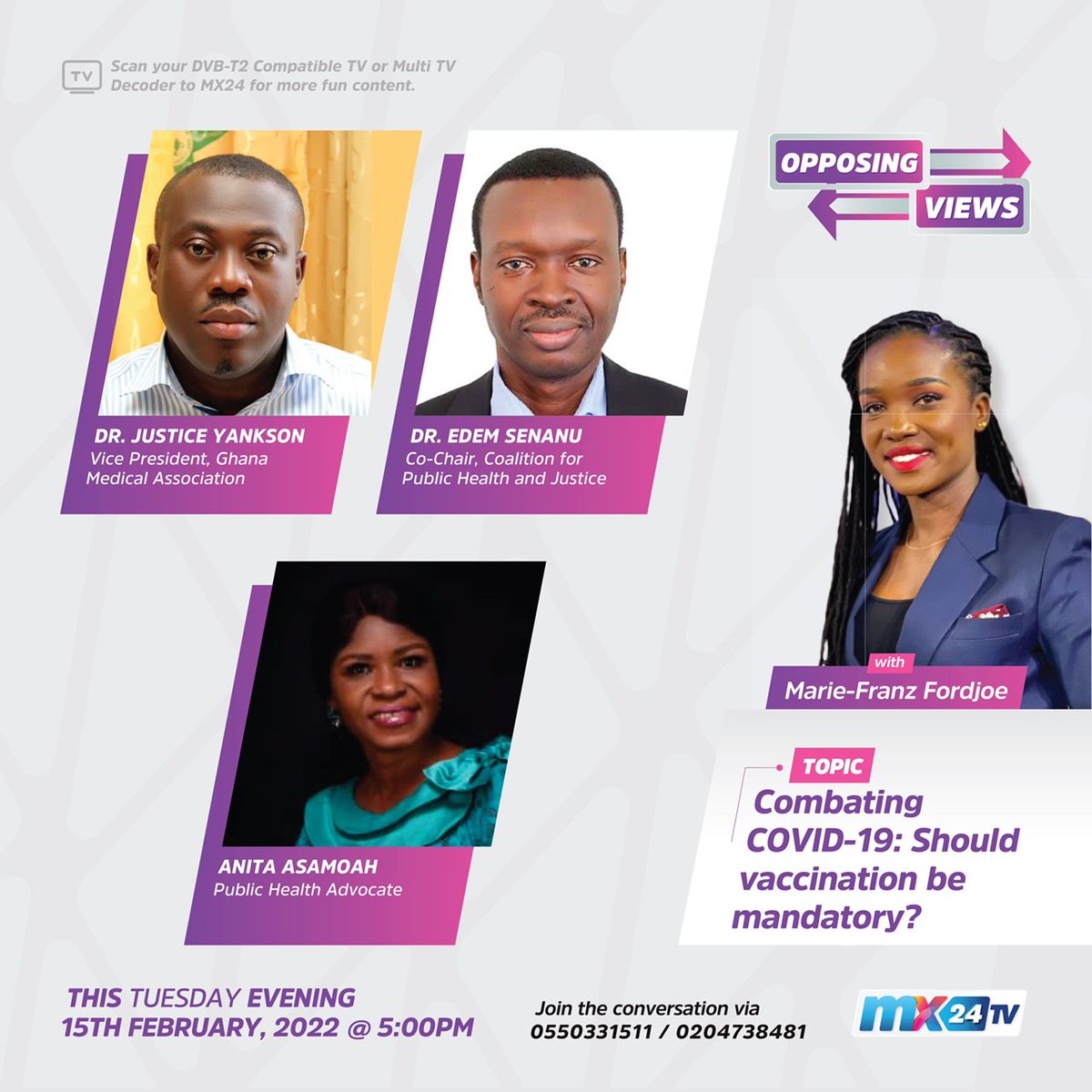 mx24gh's tweet photo. Tonight on #Opposingviews, we will delve into the debate of whether Vaccination be made mandatory in a bid to combat Covid-19? Join @the_mfz and her guests at 5:00pm. 

#mx24gh #funfearlessfactual #Covid19 #vaccination https://t.co/gVVxB92XYy