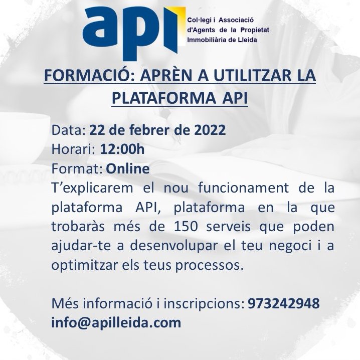 apilleida's tweet image. El proper dimarts 22 de febrer, t&apos;explicarem el nou funcionament de la plataforma API.

#apiLleida
#formació
#novetats
#serveis