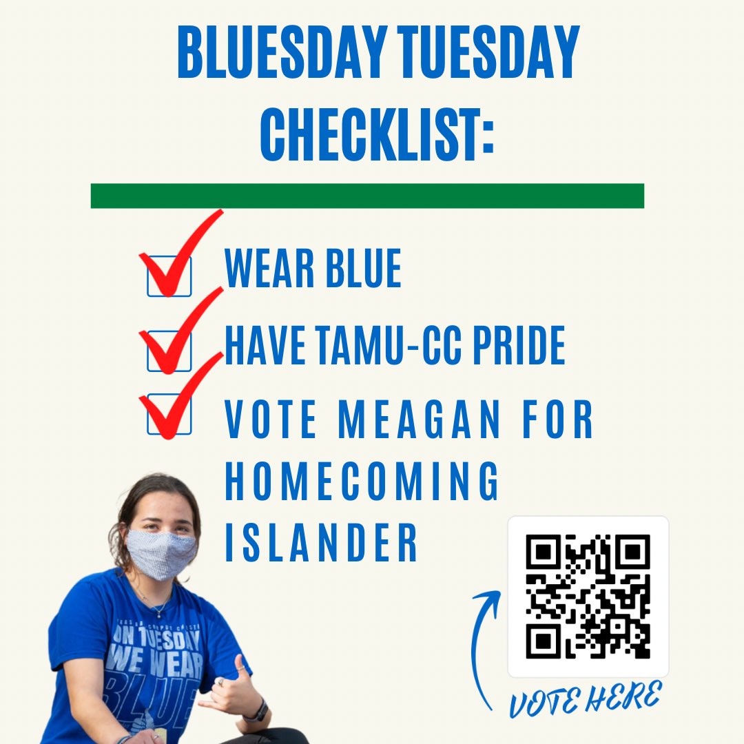 TAMUCC_IAs's tweet photo. Don’t forget to wear your Islander Blue, show your Islander Pride, and Vote Meagan Pendleton for Homecoming Islander! 💙🤙 #BLUESDAYTUESDAY https://t.co/9UelH5IU2r