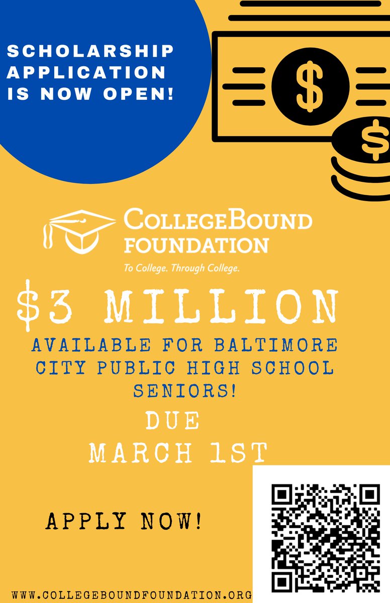 TWO WEEKS UNTIL THE MARCH 1st DEADLINE for <a href="/BaltCitySchools/">Baltimore City Public Schools</a> seniors to apply for $3 million in scholarships and grants for college! Please help us spread the word! Click on the link to start your application today:  collegeboundfoundation.org/scholarships-g…