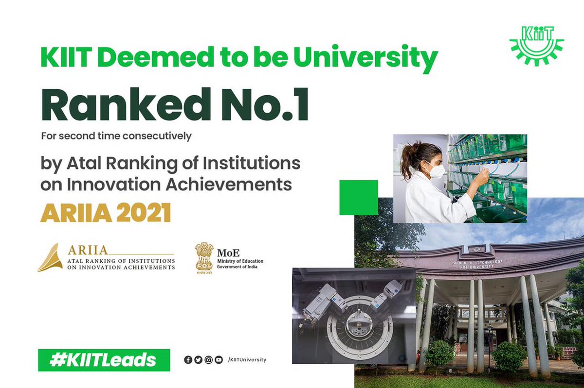 panchananjena35's tweet photo. #KIIT has been ranked No 1 among the Private Higher Education Indian Universities by Atal Ranking of Institutions on Innovation Achievements (ARIIA) - 2021 Ministry of Education Government of India.
#KIITTops #KIITLeads #kiituniversity @achyuta_samanta https://t.co/gh8yYs672L