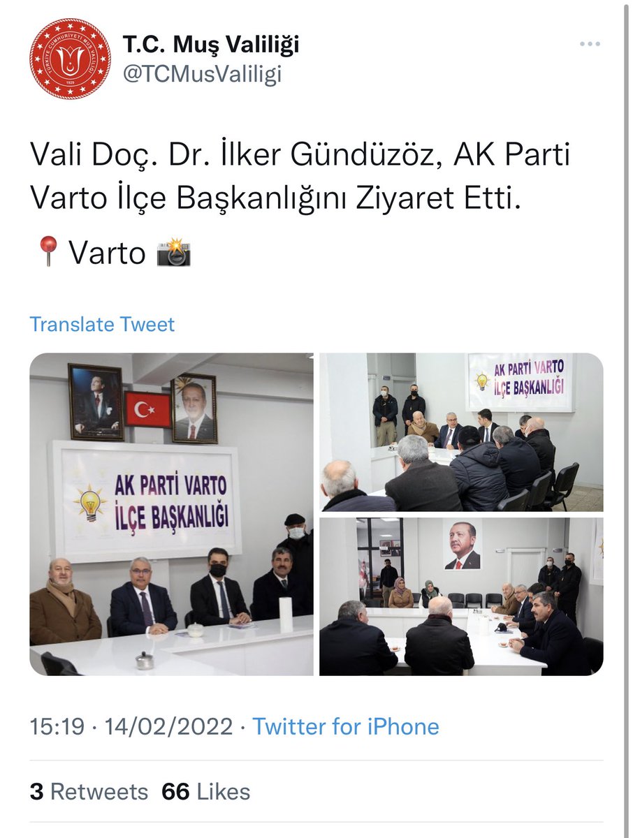 oguzksalici's tweet image. Muş Valisi İlker Gündüzöz, Akp il başkanı ile Varto Akp ilçe başkanlığını ziyaret ediyor.

Parti devleti bu işte!

Az kaldı, bu görüntüler tarihe karışacak. Devleti temsil edenler tüm siyasi partilere eşit mesafede duracak. Parti devleti değil, hukuk devleti hâkim olacak!