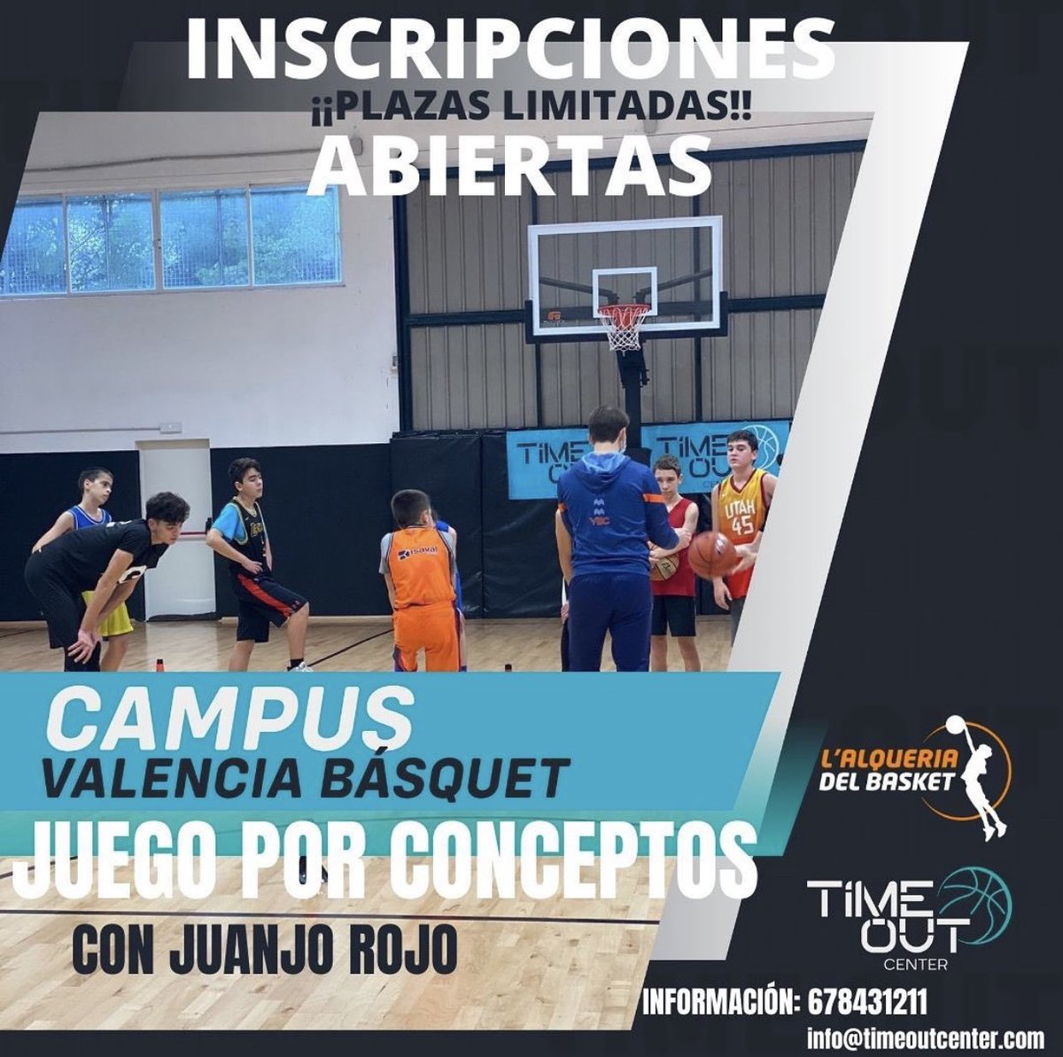 INSCRIPCIONES ABIERTAS para la II Edición del Campus Valencia Basket - Juego Por Conceptos 💥

📆 del 18 al 22 de Abril 
➡️ Precio: 110€ - socios -15% 
📍Time Out Center 
👆🏽 Categorías: Infantil, Cadete y Junior. 

✍🏼 info@timeoutcenter.com - 678431211
