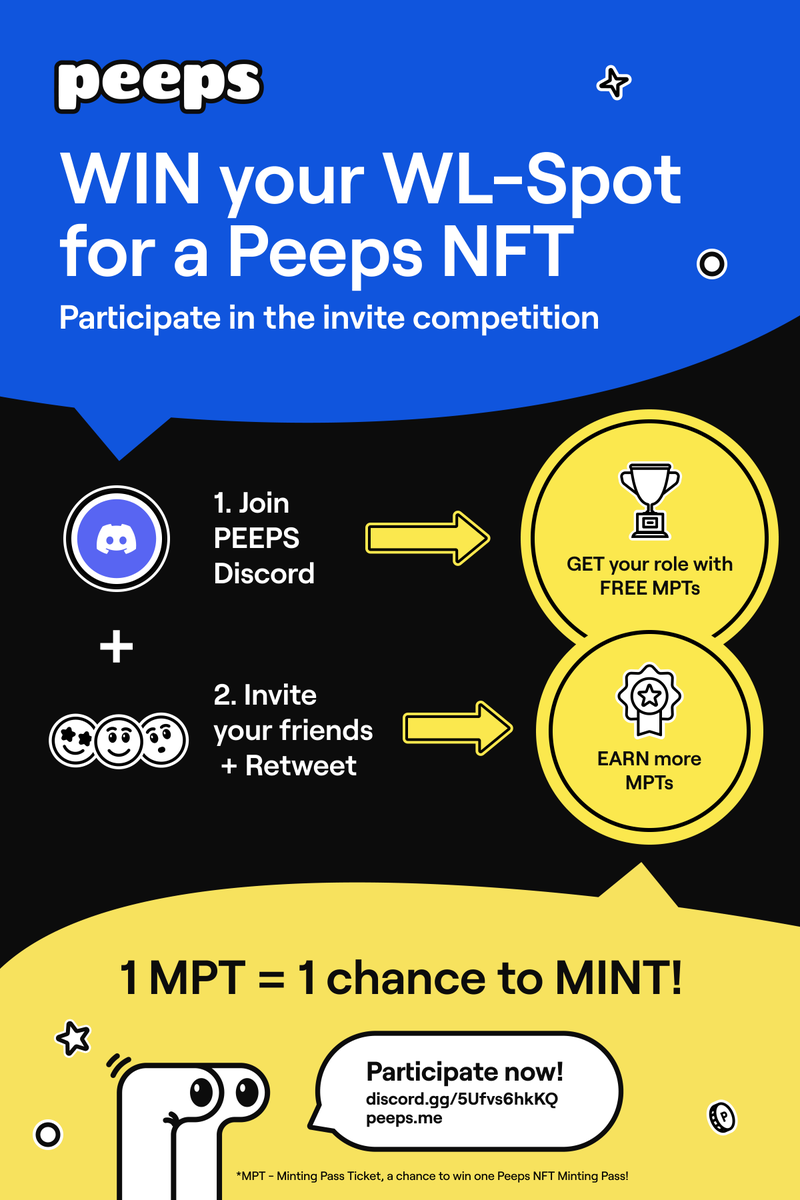 peepsmeofficial's tweet photo. 🔥👀 Win YOUR Peeps #NFT &amp; join the #Holders Club! 👀🔥

Collect Minting Pass Tickets 🎫 &amp; get a chance to #MINT!
1️⃣ Join our Discord: https://t.co/5jbbvcPs3W
2️⃣ Follow @peepsmeofficial + RT &amp; Like this Tweet

#Web3 #NFT #CreatorEconomy #Metaverse https://t.co/71pfEqe29h