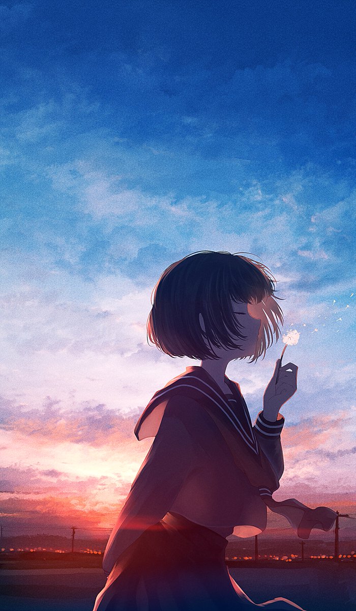 1girl school uniform short hair solo serafuku sky outdoors  illustration images