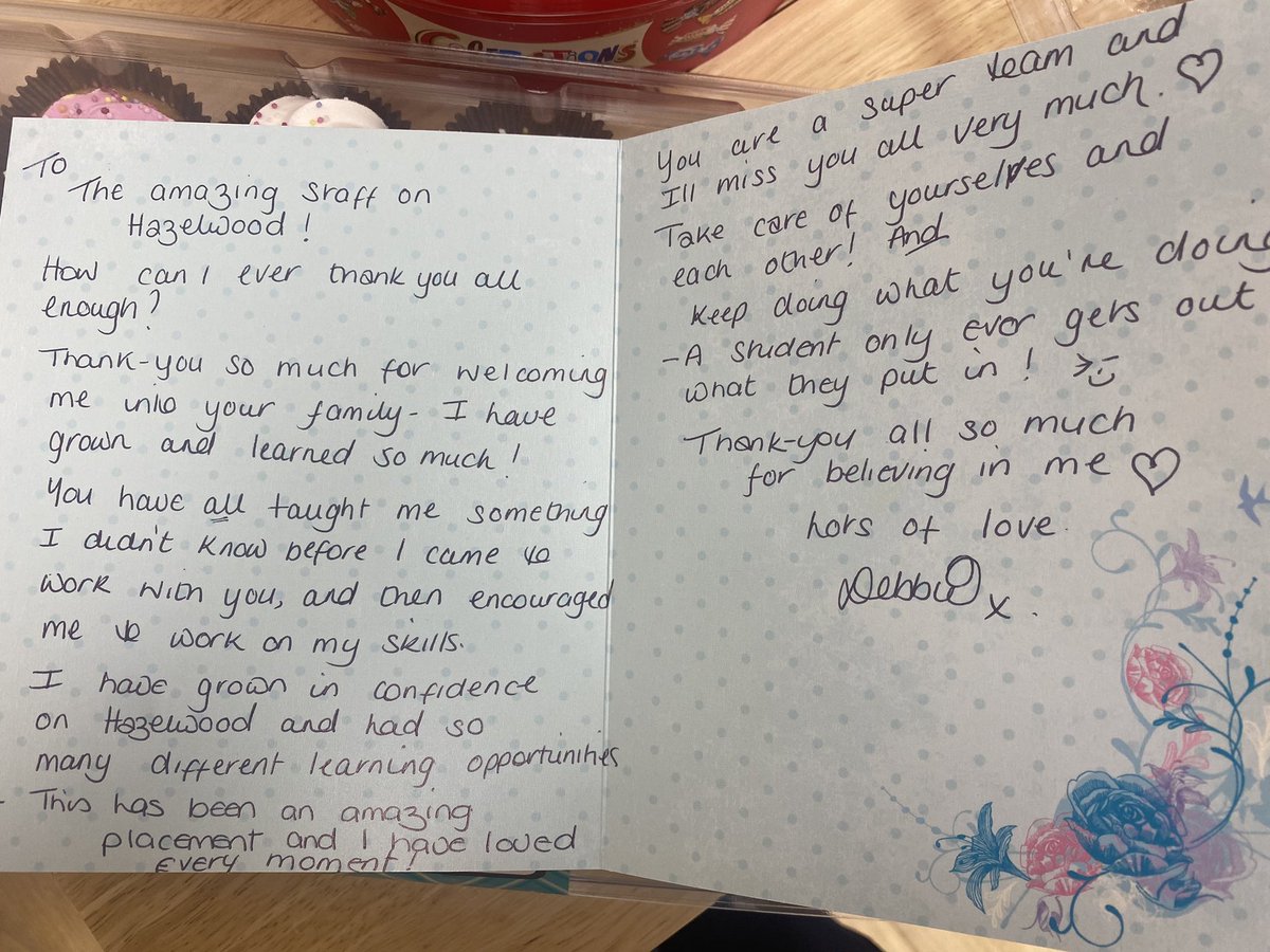 Last day as a student nurse today for Debbie!!! She’s been outstanding and has come so far with her confidence. Best of luck for the future ❤️🎉 thank you for the gifts and card x