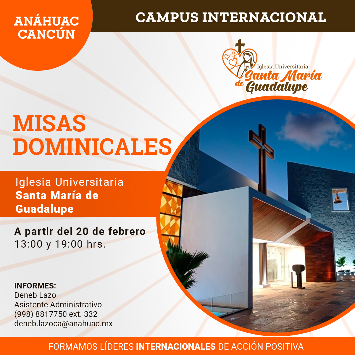 La Universidad Anáhuac Cancún te invita a participar en las próximas "Misas Dominicales" en nuestra Iglesia Universitaria, Santa María de Guadalupe. 

🗓️ A partir del 20 de febrero a las 13:00 y 19:00 hrs.