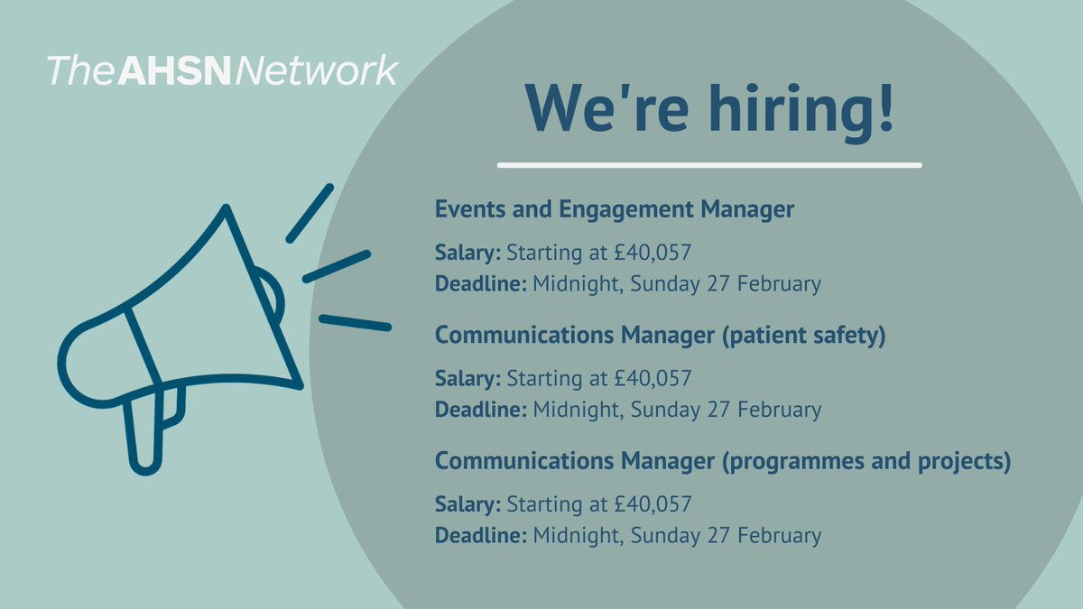 We have 3 brand new roles within our central communications team at the AHSN Network:
▶️Communications Manager (programmes &amp; projects) mft.nhs.uk/careers/search…
▶️Communications Manager (patient safety) mft.nhs.uk/careers/search…
▶️Events and Engagement Manager mft.nhs.uk/careers/search…