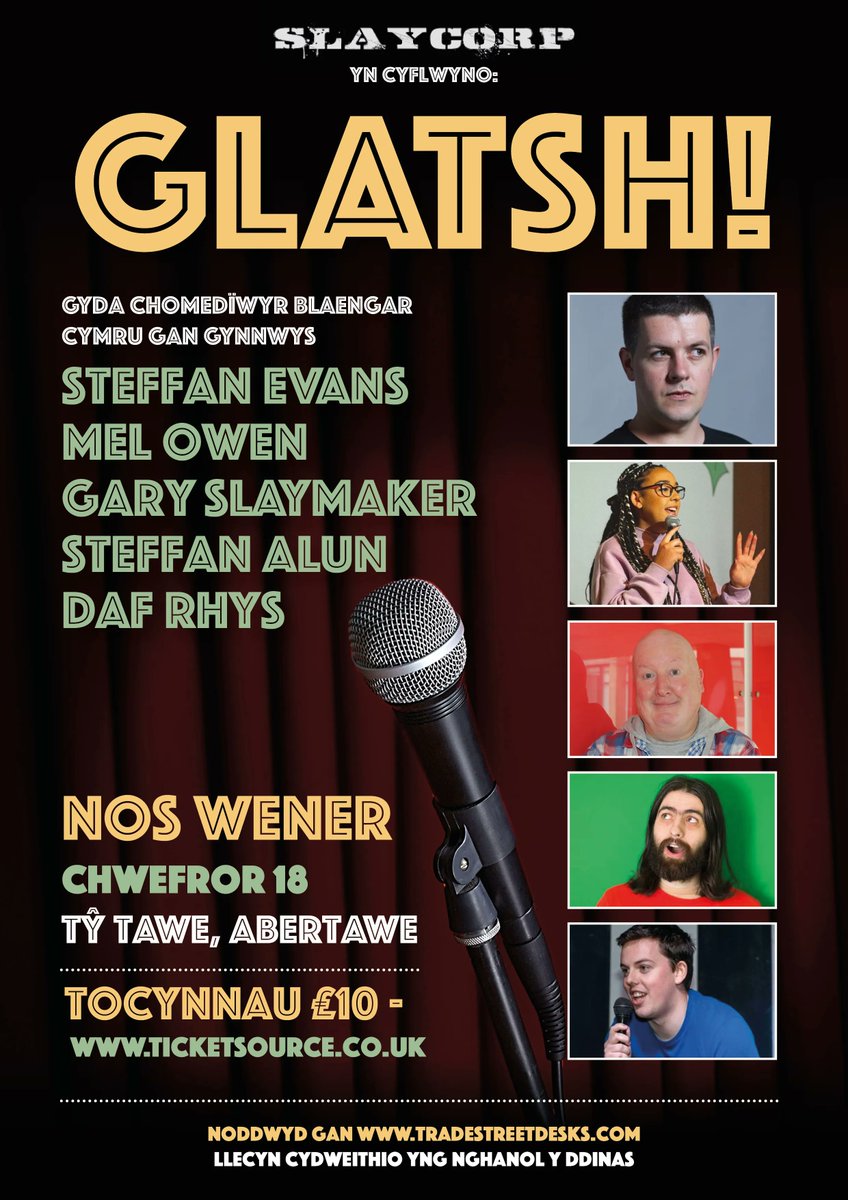 GLATSH 📢

Mel Owen a @standupdaf yn ymuno gyda'r line up ar gyfer Nos Wener! 

🎫 Tocynnau: buff.ly/3ITeVpo
📅 RSVP: buff.ly/3IOmM7Q

<a href="/Slaycorp/">Slaycorp</a> | <a href="/SwanseaOnline10/">Swansea Online</a> | <a href="/mentrauiaith/">Mentrau Iaith</a> | <a href="/UrddGorMor/">Urdd Gorllewin Morgannwg</a> | <a href="/HenoS4C/">Heno 🏴󠁧󠁢󠁷󠁬󠁳󠁿</a> | <a href="/MenterIaithCNPT/">Menter Iaith CNPT</a> | <a href="/JoioAbertawe/">Joio Bae Abertawe</a> 

#cymraeg #abertawe