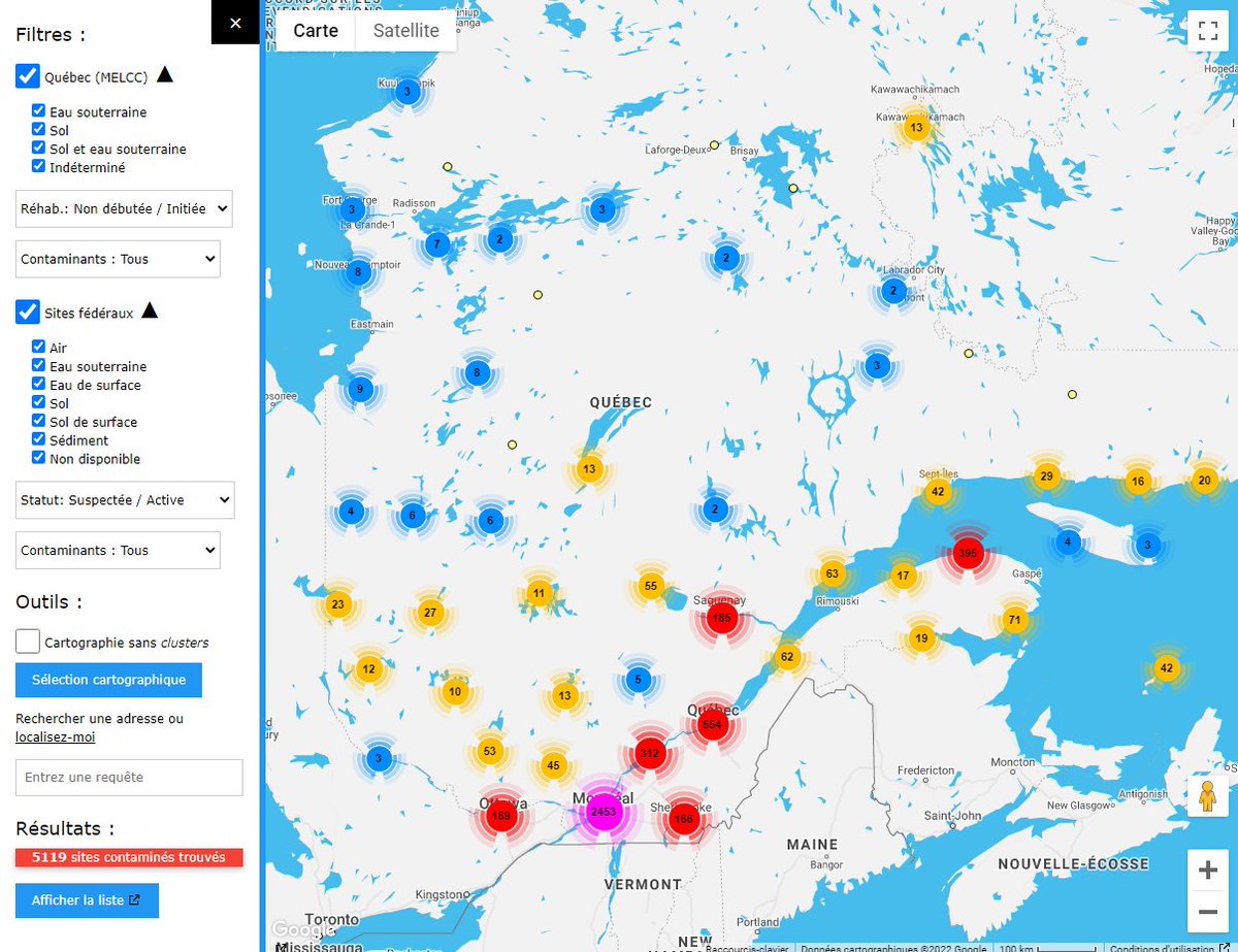 geopratic's tweet photo. Interface utilisateur renouvelée pour ContaMire qui présente sur une même carte les sites contaminés provinciaux et fédéraux pour le territoire québécois.  #sitescontaminés #cartographie #donnéesouvertes   https://t.co/PfcHDG1iOA https://t.co/EIdk5CkNMv