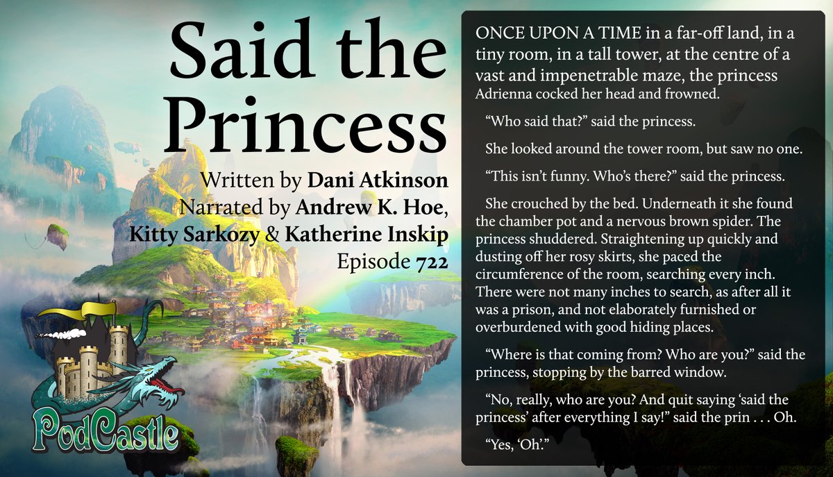 PodCastle_org's tweet photo. #pc722 SAID THE PRINCESS by Dani Atkinson, narrated by an @EAPodcasts all-star cast of @chesneycat, @KittySarkozy and @andrewk_hoe! Originally published in @DailySF, 2012
Rated PG-13, for the questions you didn't think to ask https://t.co/OqBy18lnYA