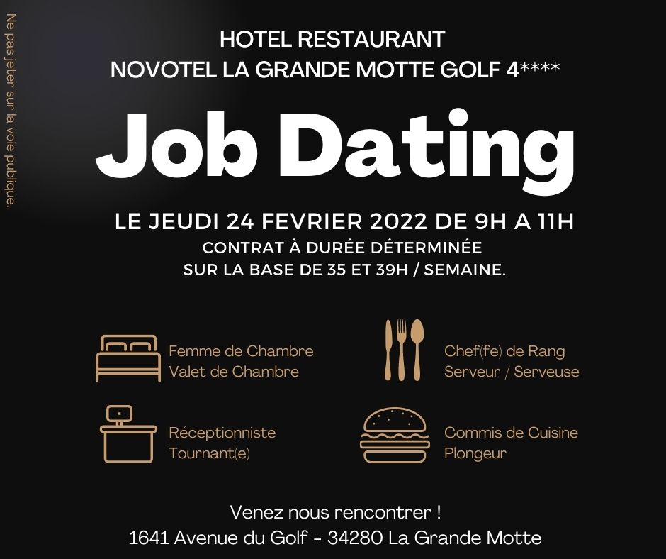 NovotelGolf's tweet photo. L'hôtel NOVOTEL La Grande Motte Golf organise une matinée de recrutement. Nous aurons plaisir à vous faire découvrir notre établissement autour d'un café !! A vos CV ...
 #cv #recrutement #emploi #saison2022 #joboffer #job #jobdating https://t.co/yG2UyklmQI