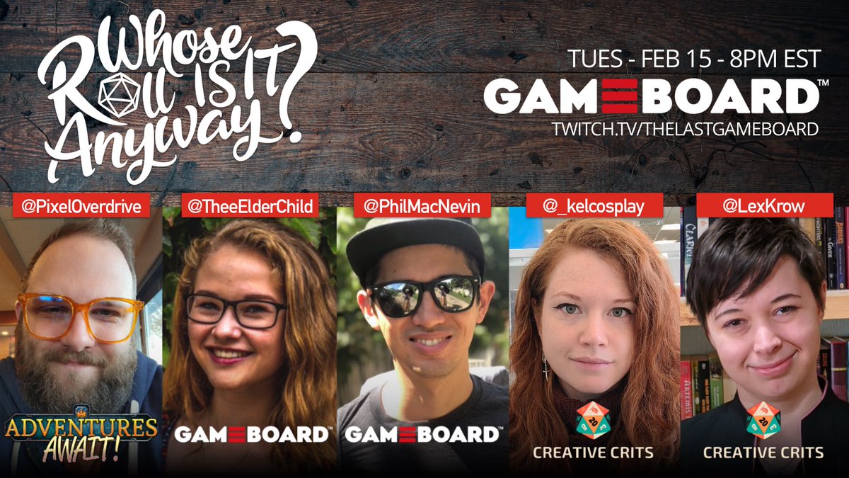 Join us tonight at 8pm EST for some chaos &amp; comedy on <a href="/lastgameboard/">Last Gameboard</a>’s #whoserollisitanyway with <a href="/TheeElderChild/">Antie Em🪴</a>, @LexKrow, <a href="/PixelOverdrive/">Adventures Await Studios</a> and Kel Cosplay over at <a href="/CreativeCritsTV/">Creative Crits</a> - twitch.tv/thelastgameboa…