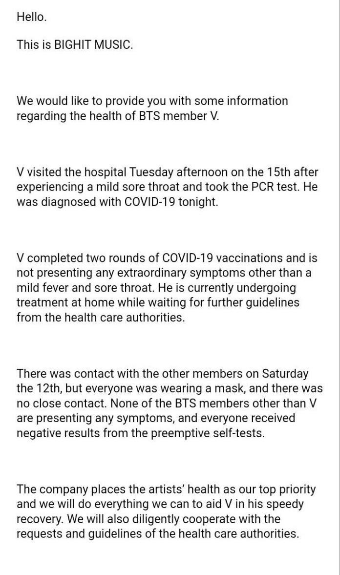 BTSArmyCUBA's tweet photo. Taehyung es diagnosticado positivo a la Covid-19. Le deseamos una pronta recuperación 
#V #GetWellSoonTaeHyung #BTS @bts_bighit @BTS_twt https://t.co/WEA68fXfeW