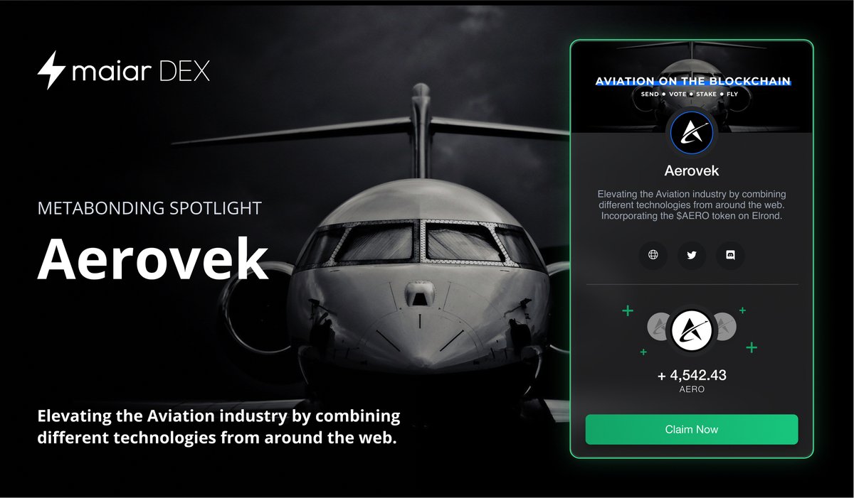 xExchangeApp's tweet photo. Metabonding is the ultimate community bootstrapping product for Web3 startups, connecting builders with early adopters &amp; aligning their long term interests.

We are excited to introduce Web3 aviation pioneer @AerovekAviation as the first project to bond with the $EGLD community. https://t.co/KmEeJC1ckx