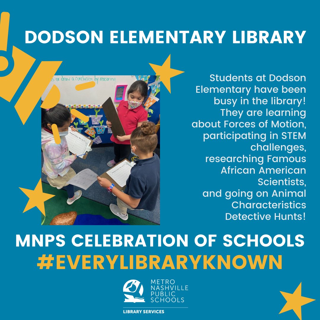 MNPSLibraries's tweet image. Students at Dodson have been busy in the library! They are learning about Forces of Motion, participating in STEM challenges, researching Famous African American Scientists, and going on Animal Characteristic Detective Hunts! @MetroSchools @MNPSDodson #EveryLibraryKnown