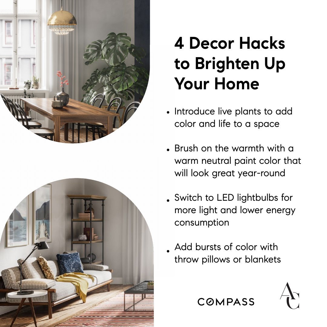 'Looking to brighten up your space? Here are some tips for getting started! 

#compass #decorhacks #decortips #interiordesign #interiordecor #interiorstyling'