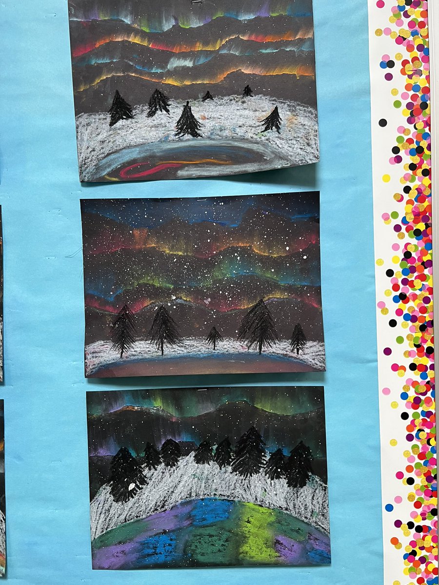 Blown away by this artwork by third and fourth grade! It makes me want to visit the northern lights and make one myself! <a href="/MsHawkins_art/">Rebecca Hawkins</a> 🌌