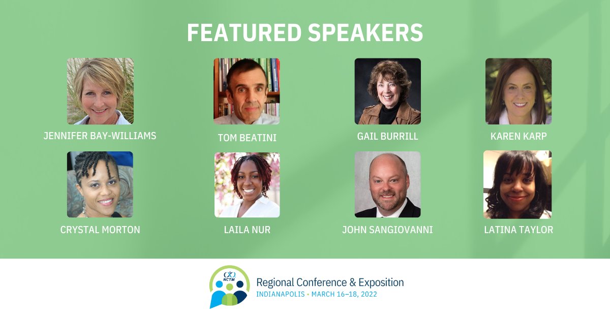 📢 Announcing our featured speakers for the Regional Conference in Indianapolis, Mar. 16-18. Don't miss out on compelling sessions from industry leaders: nctm.link/yEmzv 

<a href="/JBayWilliams/">Jennifer BayWilliams</a> <a href="/BeatiniTom/">Tom Beatini</a> <a href="/GailBurrill/">Gail Burrill</a> <a href="/ksquaredmath1/">karen Karp</a> @DrHillMorton <a href="/mslailanur/">Laila Nur</a> <a href="/JohnSanGiovanni/">John SanGiovanni</a>