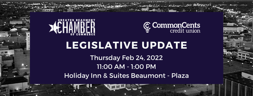 BMTChamber's tweet photo. Have you reserved your seat for the 2022 Legislative Update Luncheon? Join us to learn more about the 2021 Legislative Session in Austin and get an early look at some of the key issues facing Texas.
Purchase your tickets at https://t.co/BD3hPjEPaZ
#BmtCOC #GBCOC #BeaumontTx https://t.co/59p33XTfkD